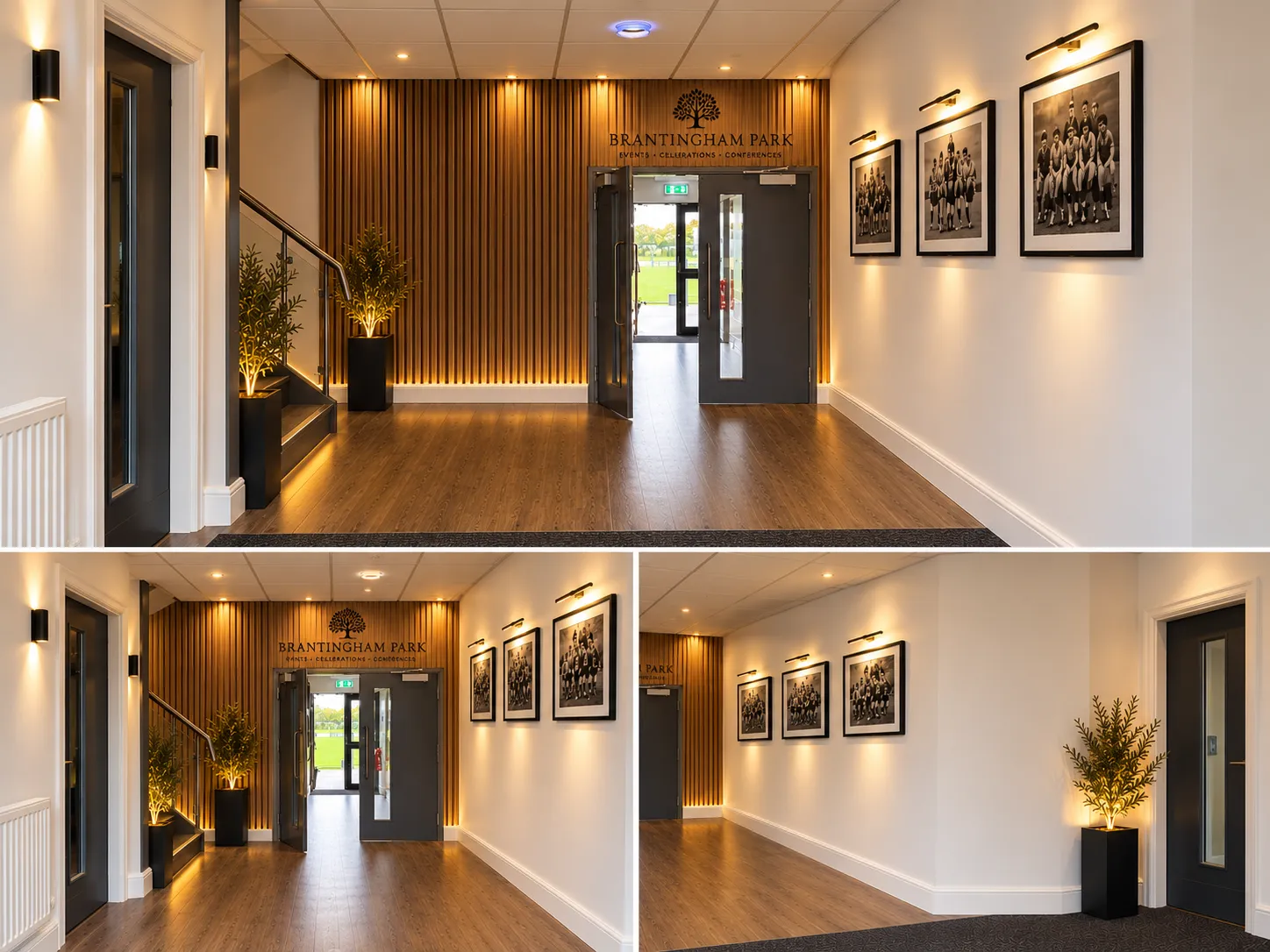 Entrance hallway at Brantingham Park with oak-panelled wall and framed photographs