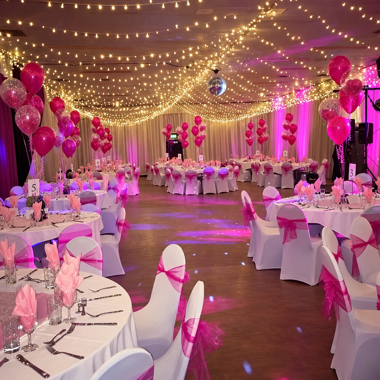 Birthday celebration in the Brantingham Suite with pink balloons and fairy lights
