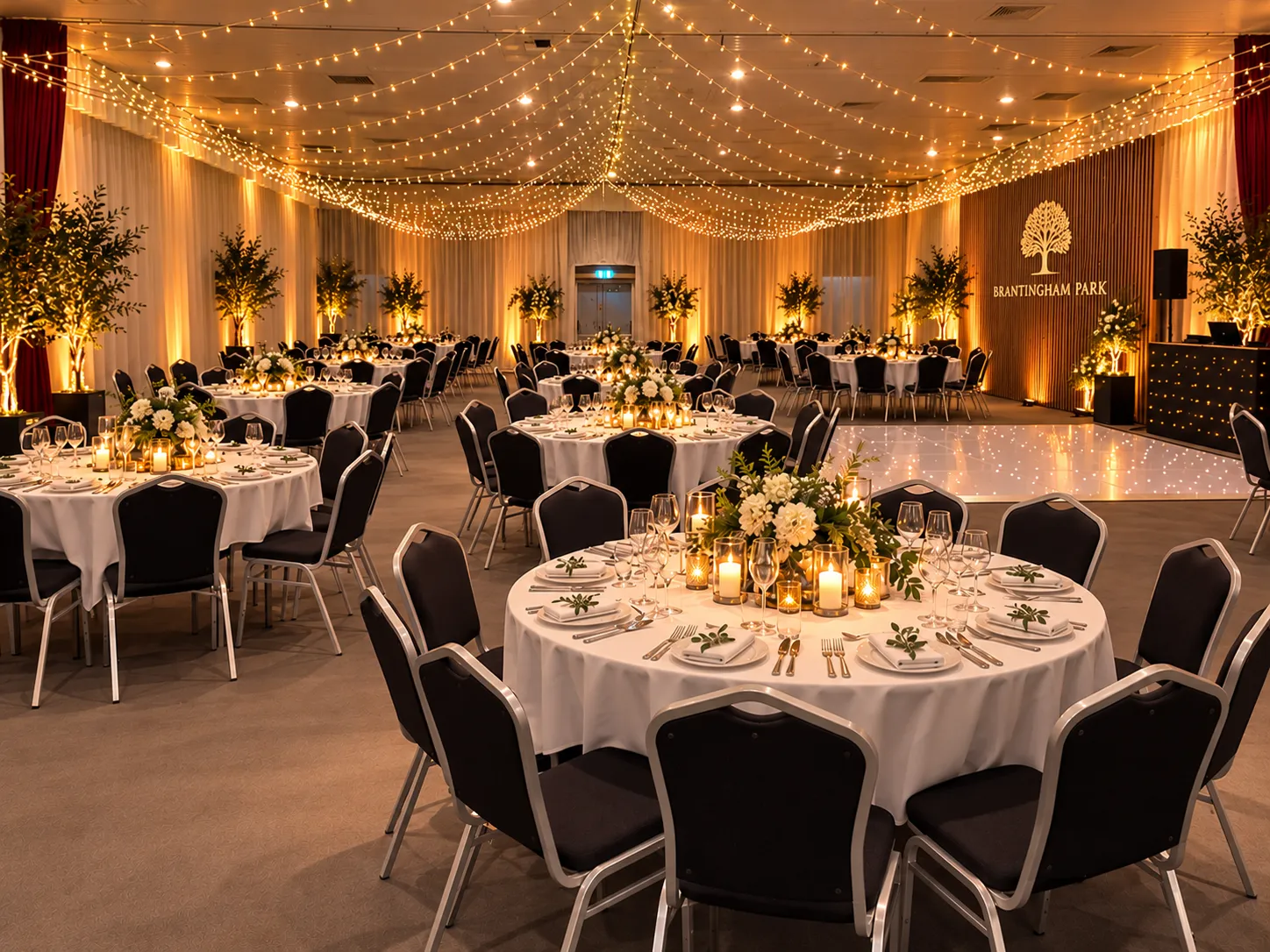 The Brantingham Suite set with round tables and a dance floor for a celebration dinner