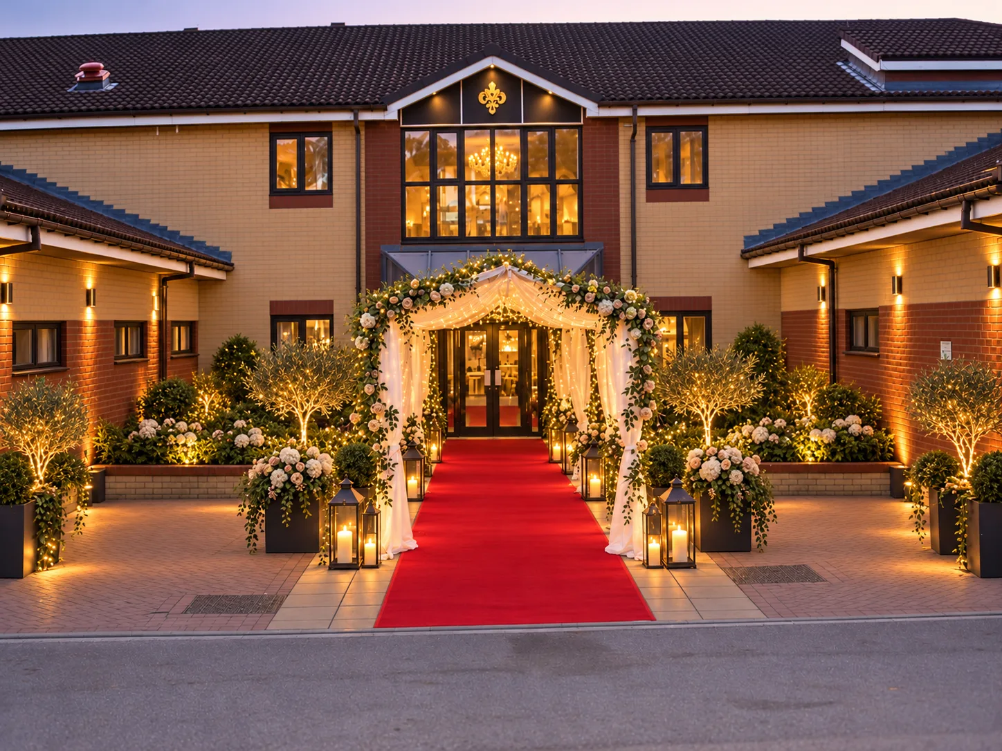 Wedding entrance at Brantingham Park with a floral arch, lanterns and red carpet