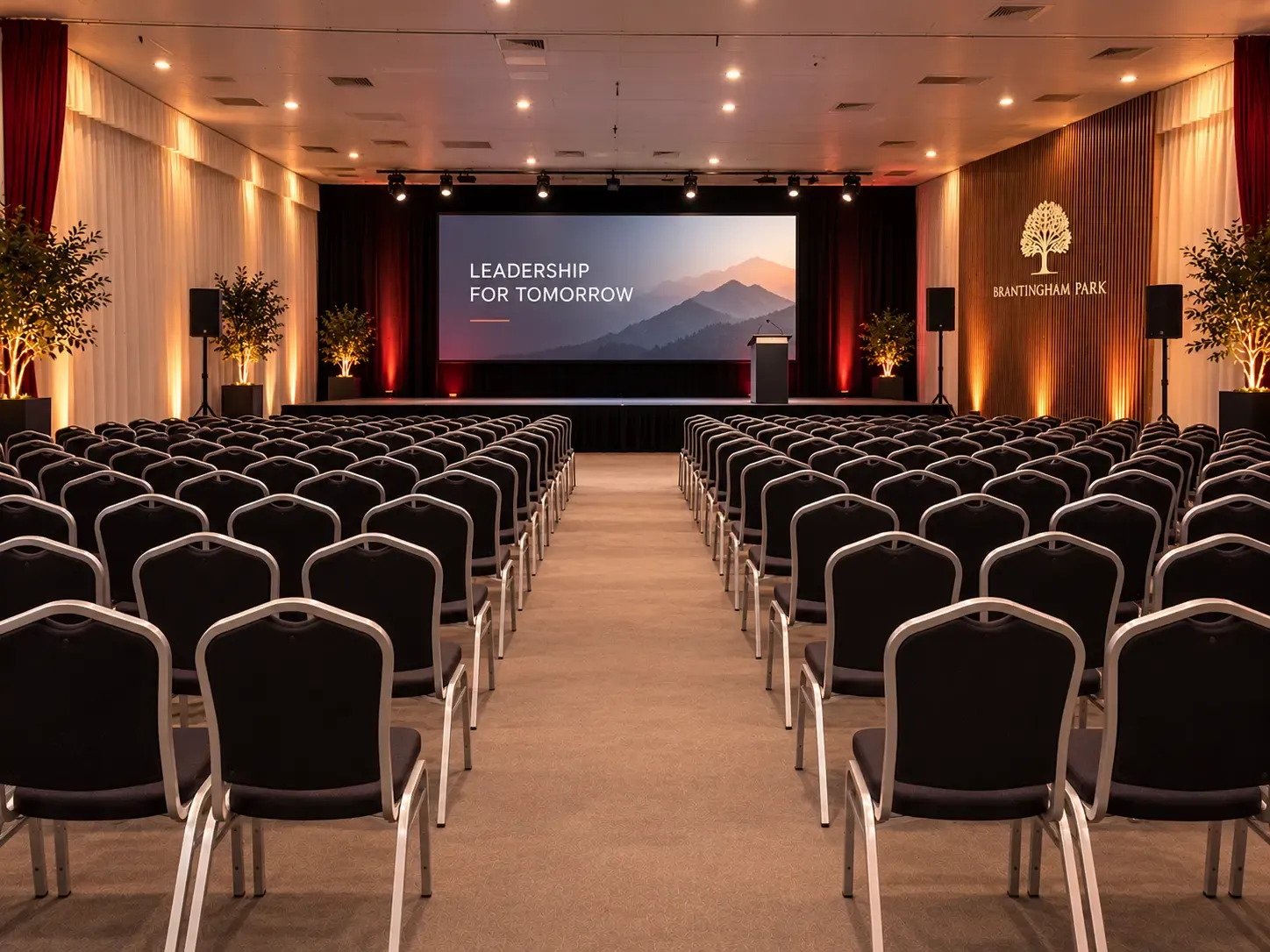 The Brantingham Suite set theatre-style facing a stage and screen