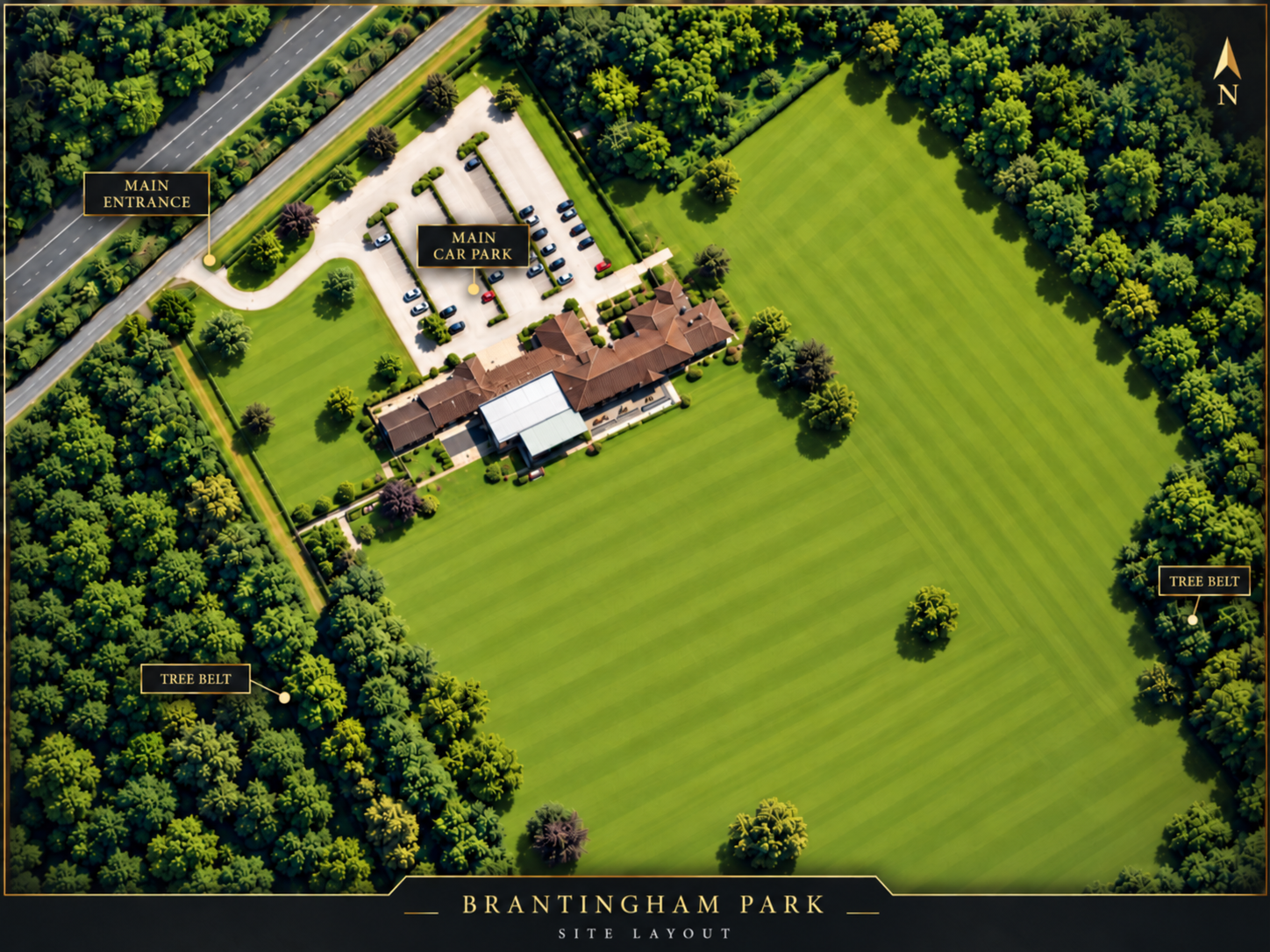 Brantingham Park site layout: main entrance from the road, main car park, the venue building and extensive lawns framed by tree belts
