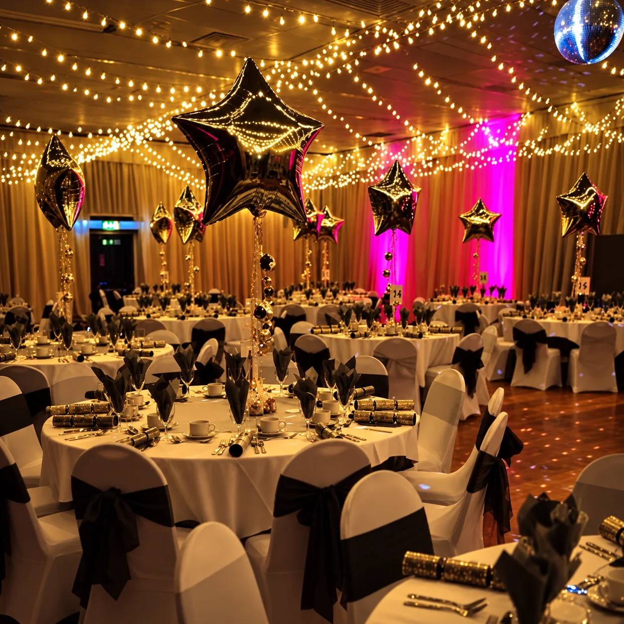 Birthday celebration in the Brantingham Suite with black and gold star balloons