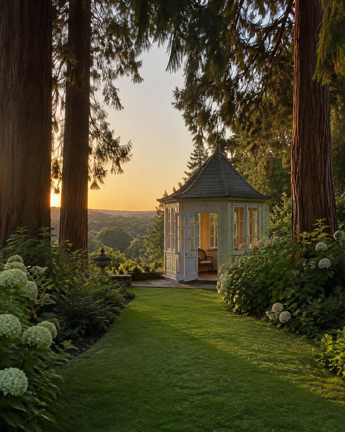 A Victorian summer house at the end of a grass walk beneath tall trees, looking out over a green view
