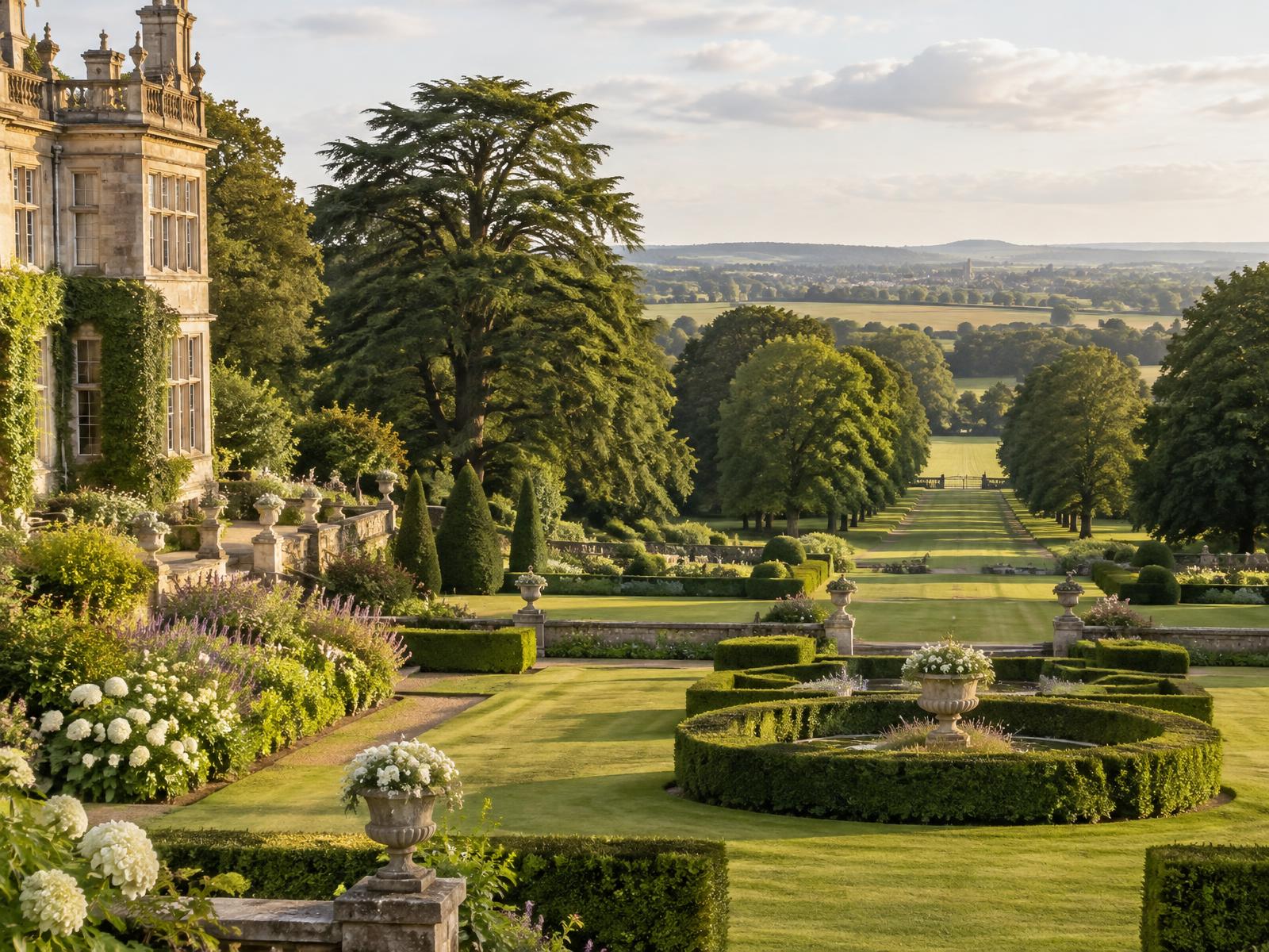 Victorian formal gardens with clipped hedges and a tree-lined walk leading to open countryside